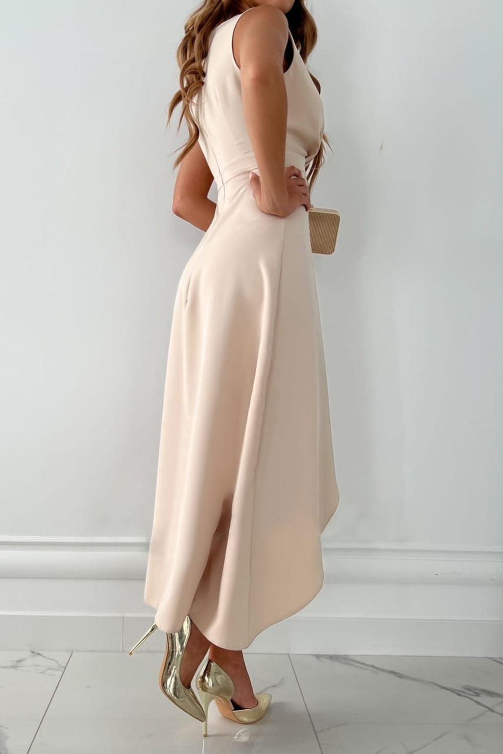 Women’s Asymmetrical Hem V Neck Midi Dress with Front Slit
