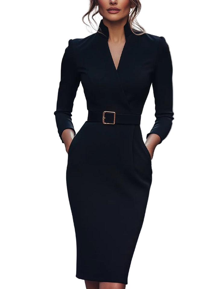 Women’s Belted Sheath Midi Dress with Mandarin Collar