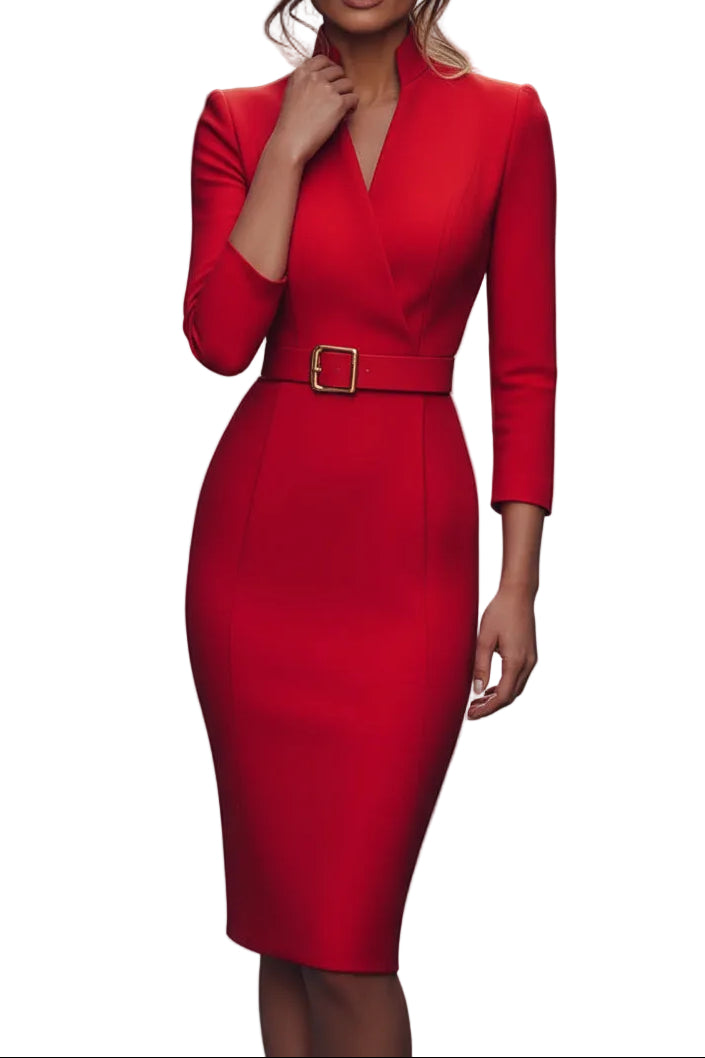 Women’s Belted Sheath Midi Dress with Mandarin Collar