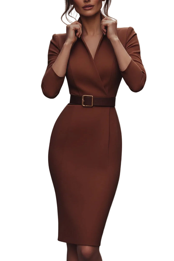 Women’s Belted Sheath Midi Dress with Mandarin Collar