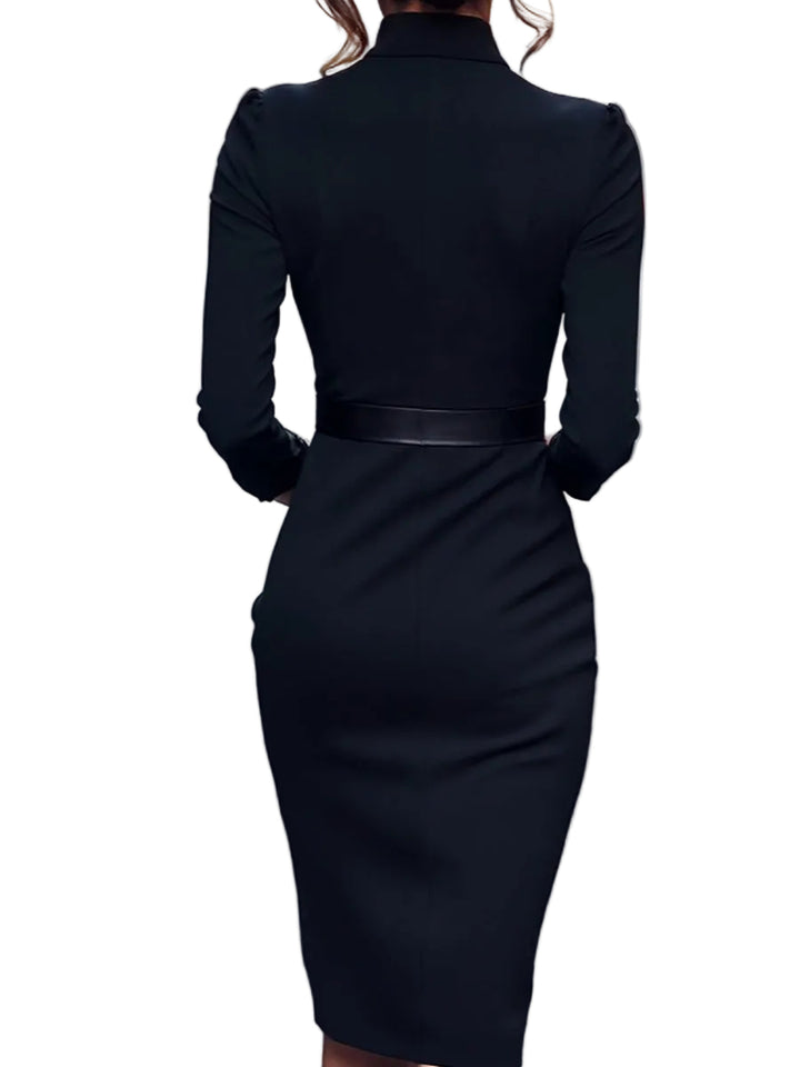 Women’s Belted Sheath Midi Dress with Mandarin Collar