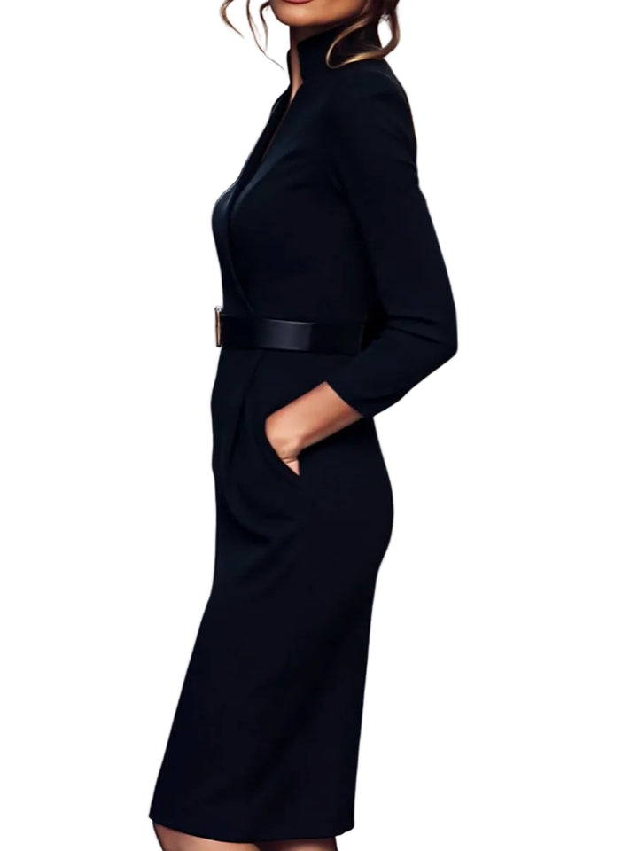 Women’s Belted Sheath Midi Dress with Mandarin Collar