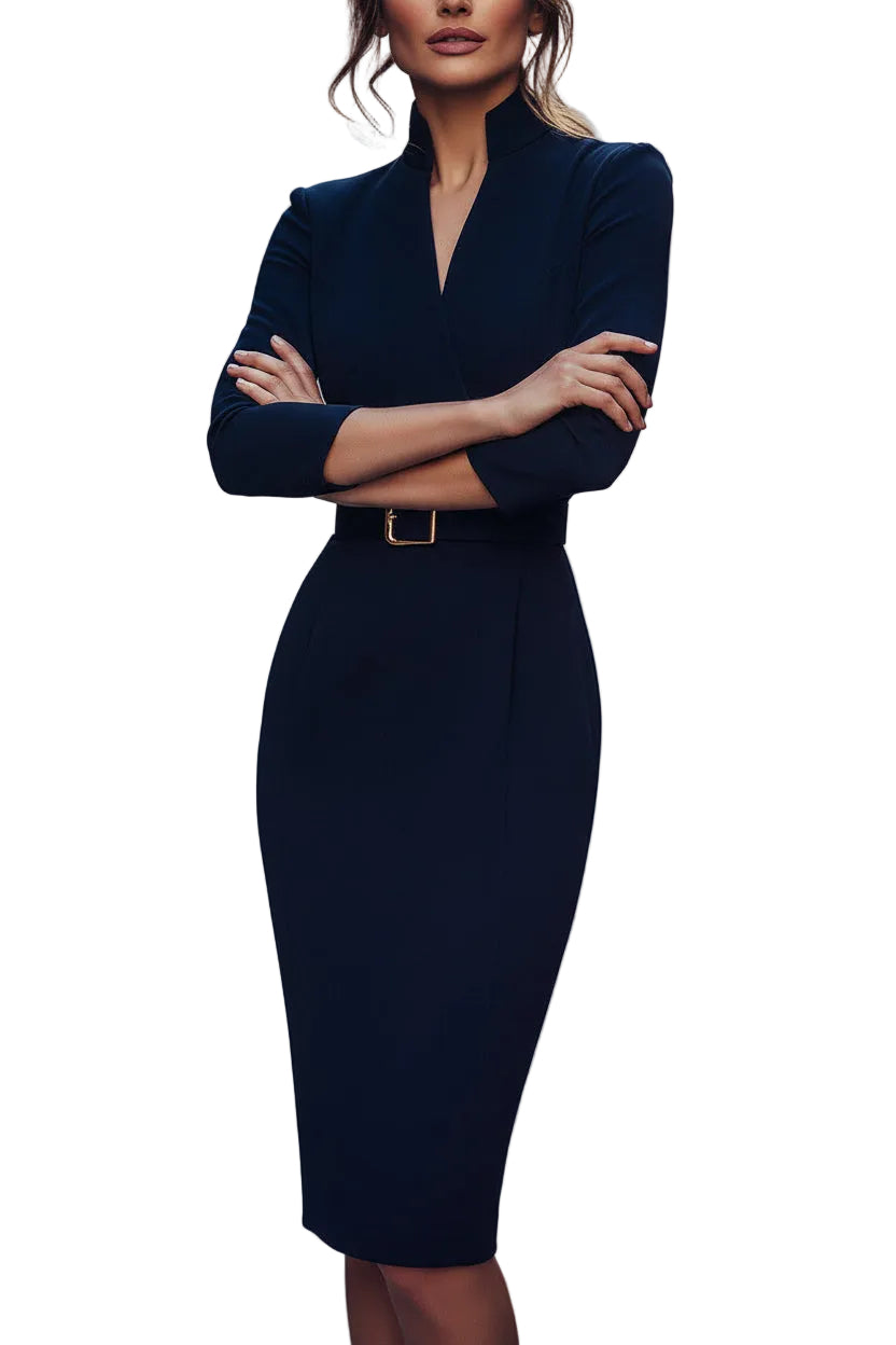 Women’s Belted Sheath Midi Dress with Mandarin Collar