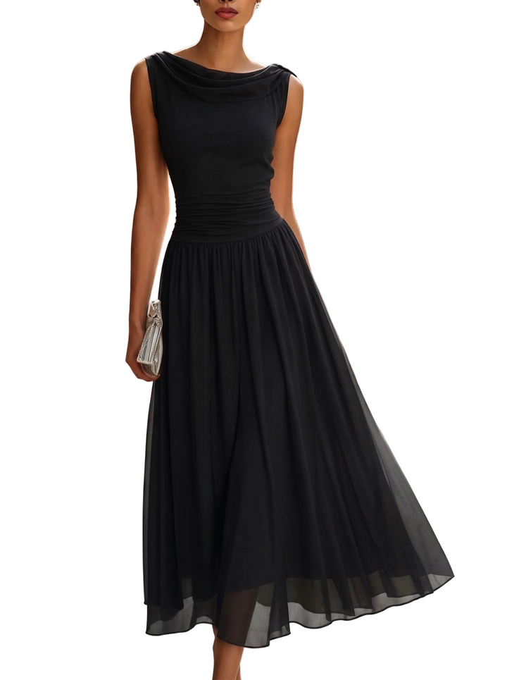 Women’s Draped Neck Sleeveless Pleated Midi Dress