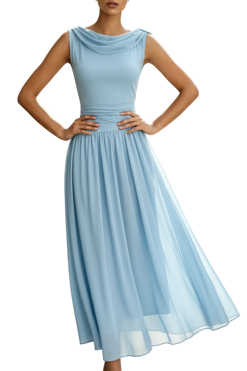 Women’s Draped Neck Sleeveless Pleated Midi Dress