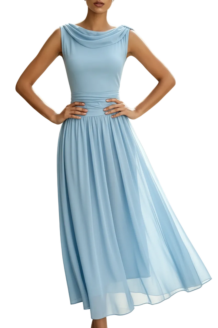 Women’s Draped Neck Sleeveless Pleated Midi Dress