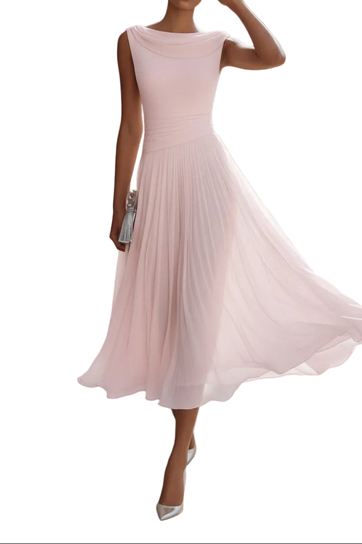 Women’s Draped Neck Sleeveless Pleated Midi Dress