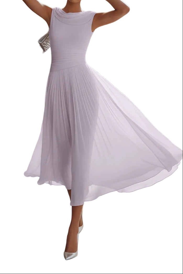 Women’s Draped Neck Sleeveless Pleated Midi Dress
