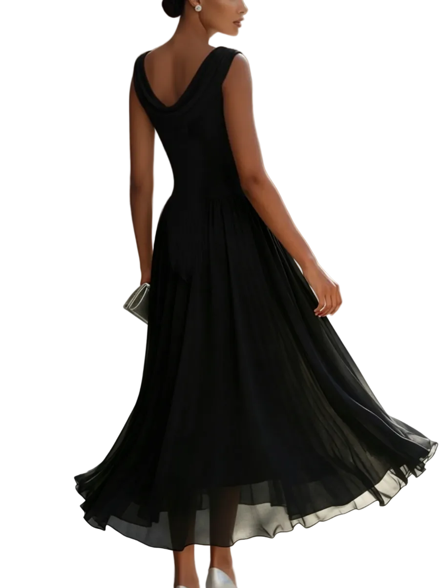 Women’s Draped Neck Sleeveless Pleated Midi Dress