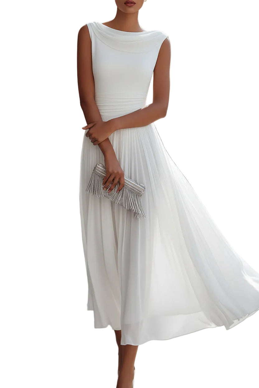 Women’s Draped Neck Sleeveless Pleated Midi Dress