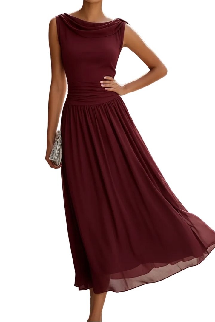 Women’s Draped Neck Sleeveless Pleated Midi Dress