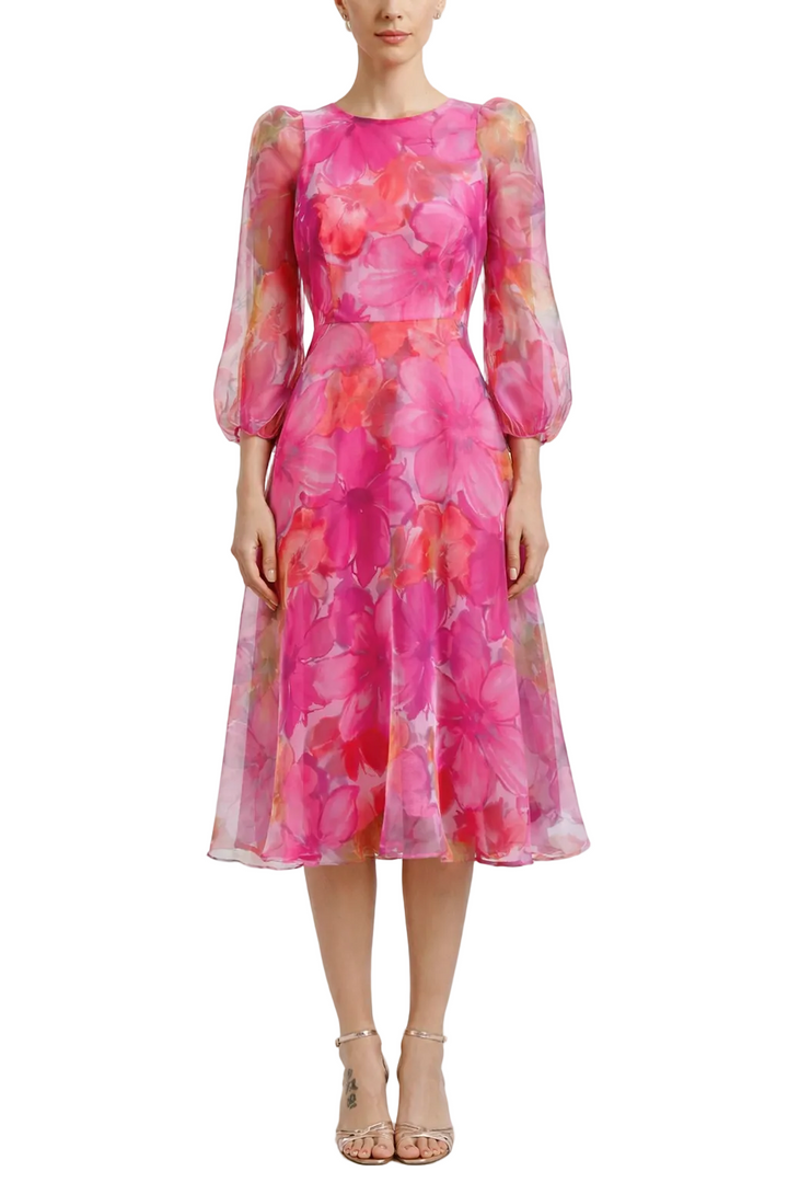 Women’s Floral Print Sheer Sleeve Midi Dress