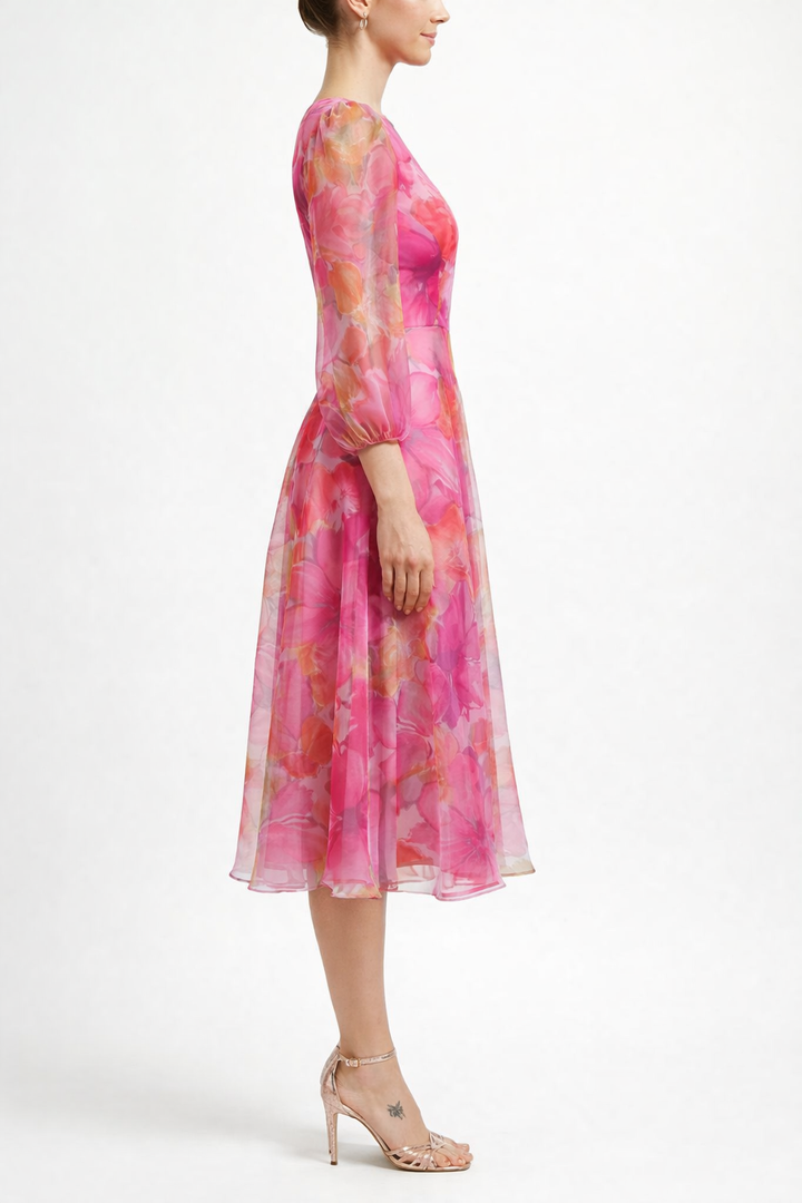 Women’s Floral Print Sheer Sleeve Midi Dress