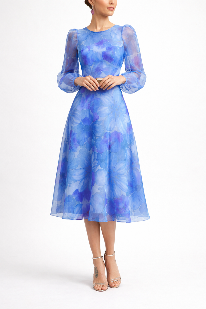 Women’s Floral Print Sheer Sleeve Midi Dress