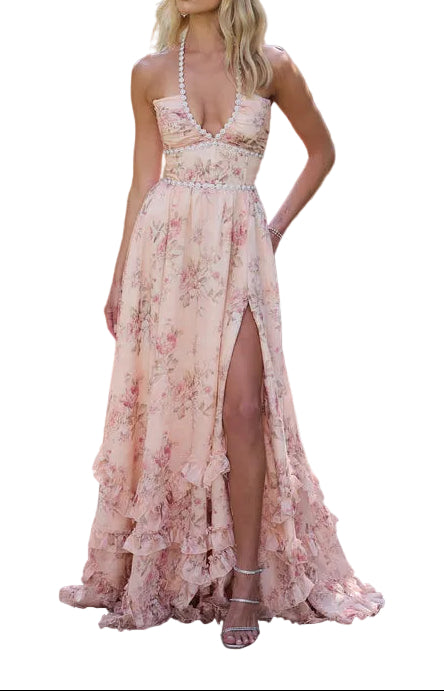 Women’s Floral Ruffle Slit Maxi Dress
