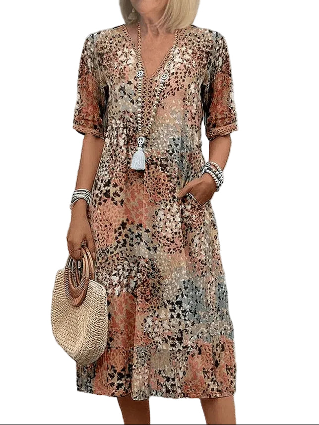 Women’s Floral V Neck Half Sleeve Midi Dress With Pocket Detail