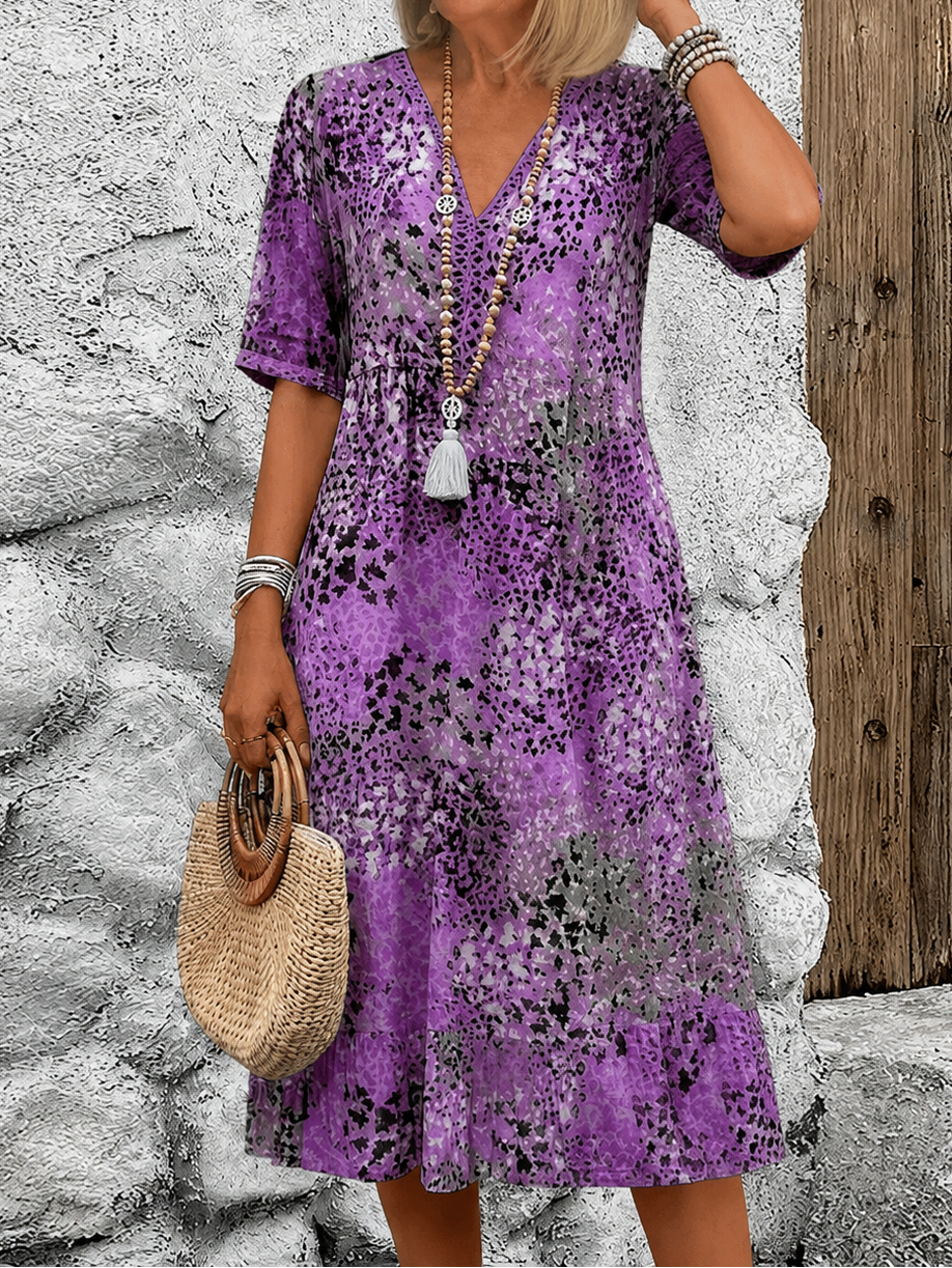 Women’s Floral V Neck Half Sleeve Midi Dress With Pocket Detail