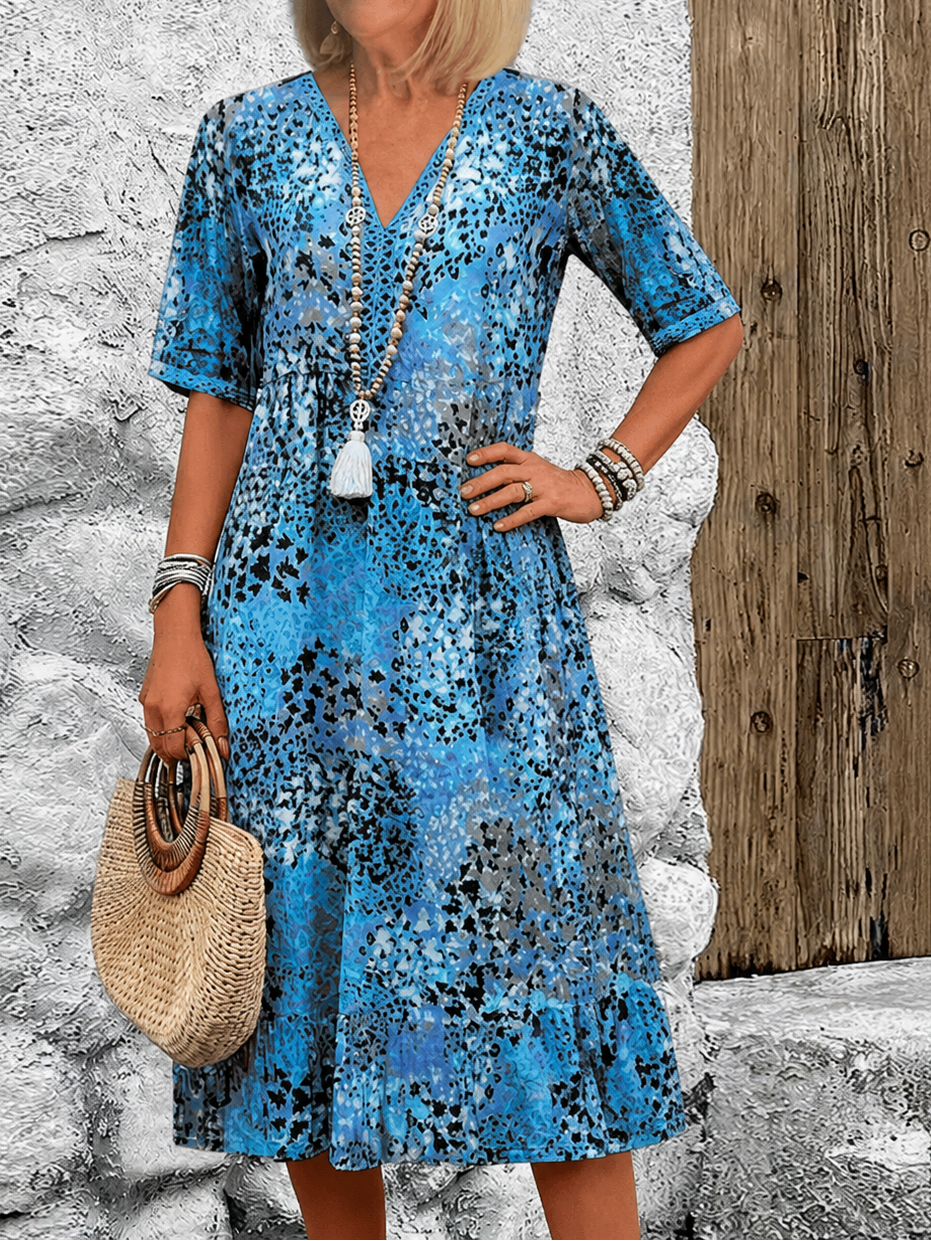 Women’s Floral V Neck Half Sleeve Midi Dress With Pocket Detail