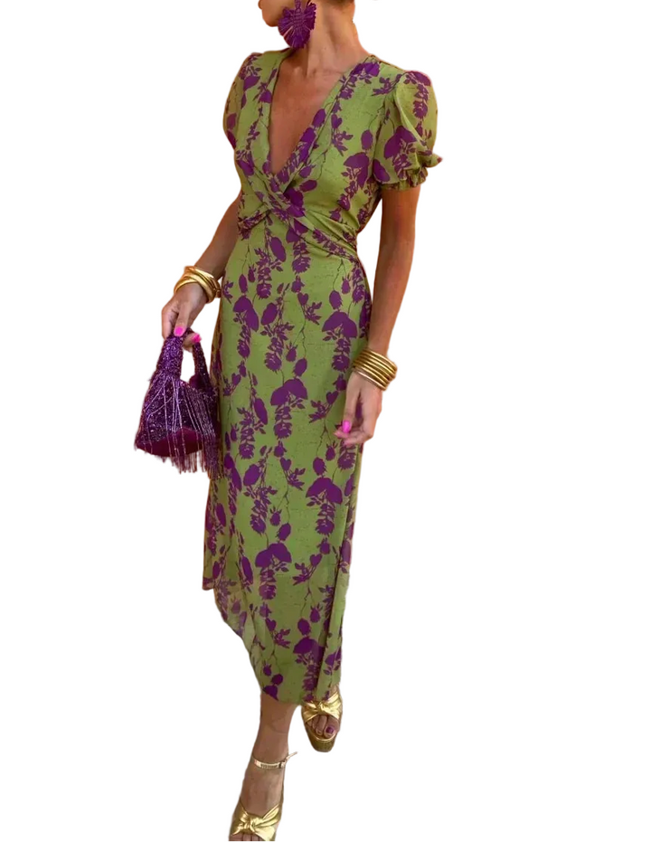 Women’s Floral V Neck Puff Sleeve Midi Dress With Pleated Waist
