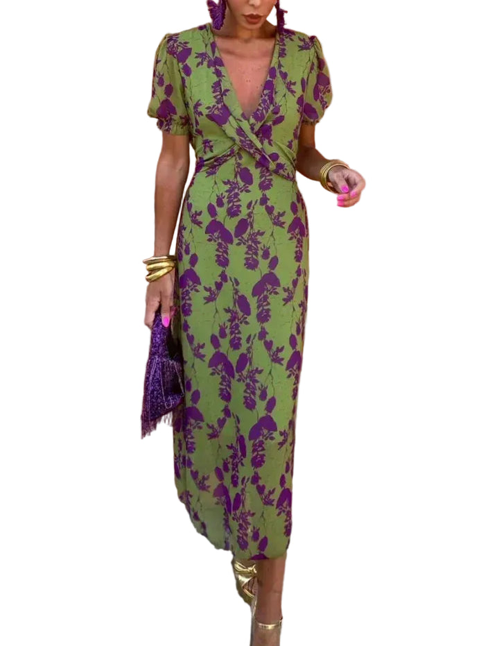 Women’s Floral V Neck Puff Sleeve Midi Dress With Pleated Waist