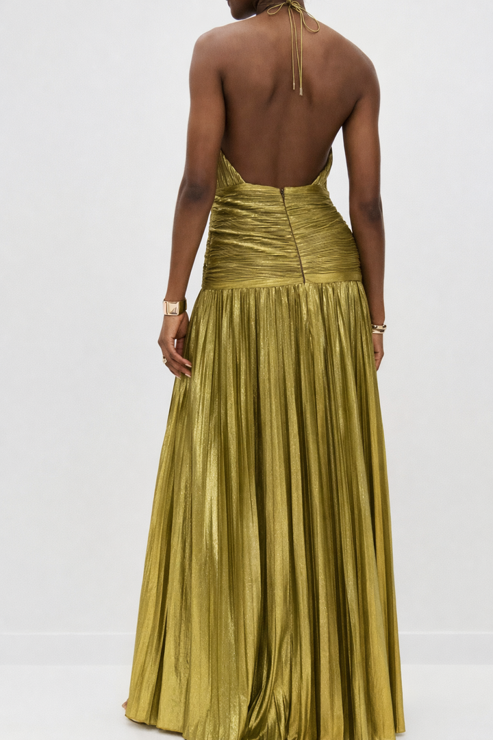 Women’s Halter Neck Pleated High Slit Maxi Dress