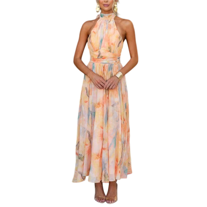 Women’s Halter Neck Print Maxi Dress with Open Back