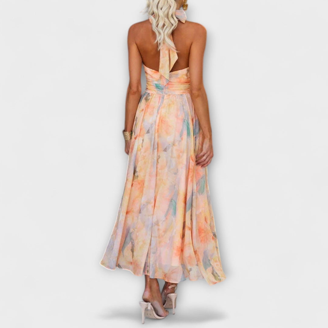 Women’s Halter Neck Print Maxi Dress with Open Back