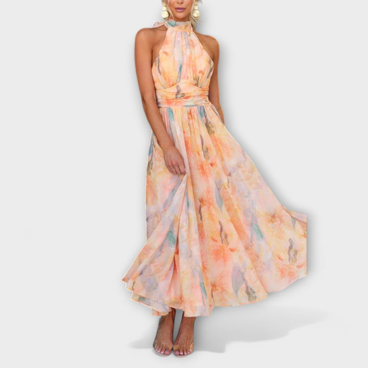 Women’s Halter Neck Print Maxi Dress with Open Back