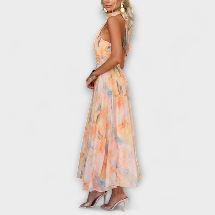 Women’s Halter Neck Print Maxi Dress with Open Back