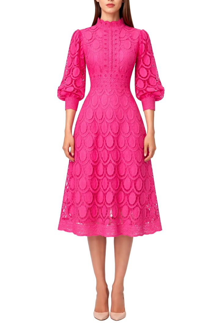 Women’s Lace Bodycon Midi Dress with Puff Sleeve