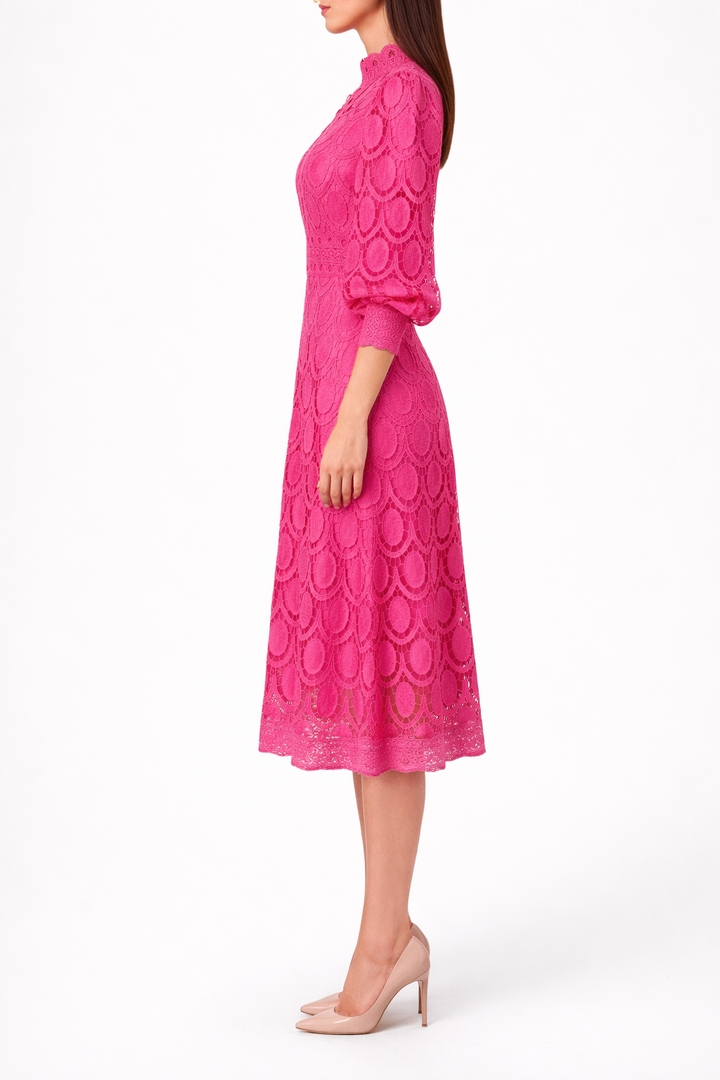 Women’s Lace Bodycon Midi Dress with Puff Sleeve