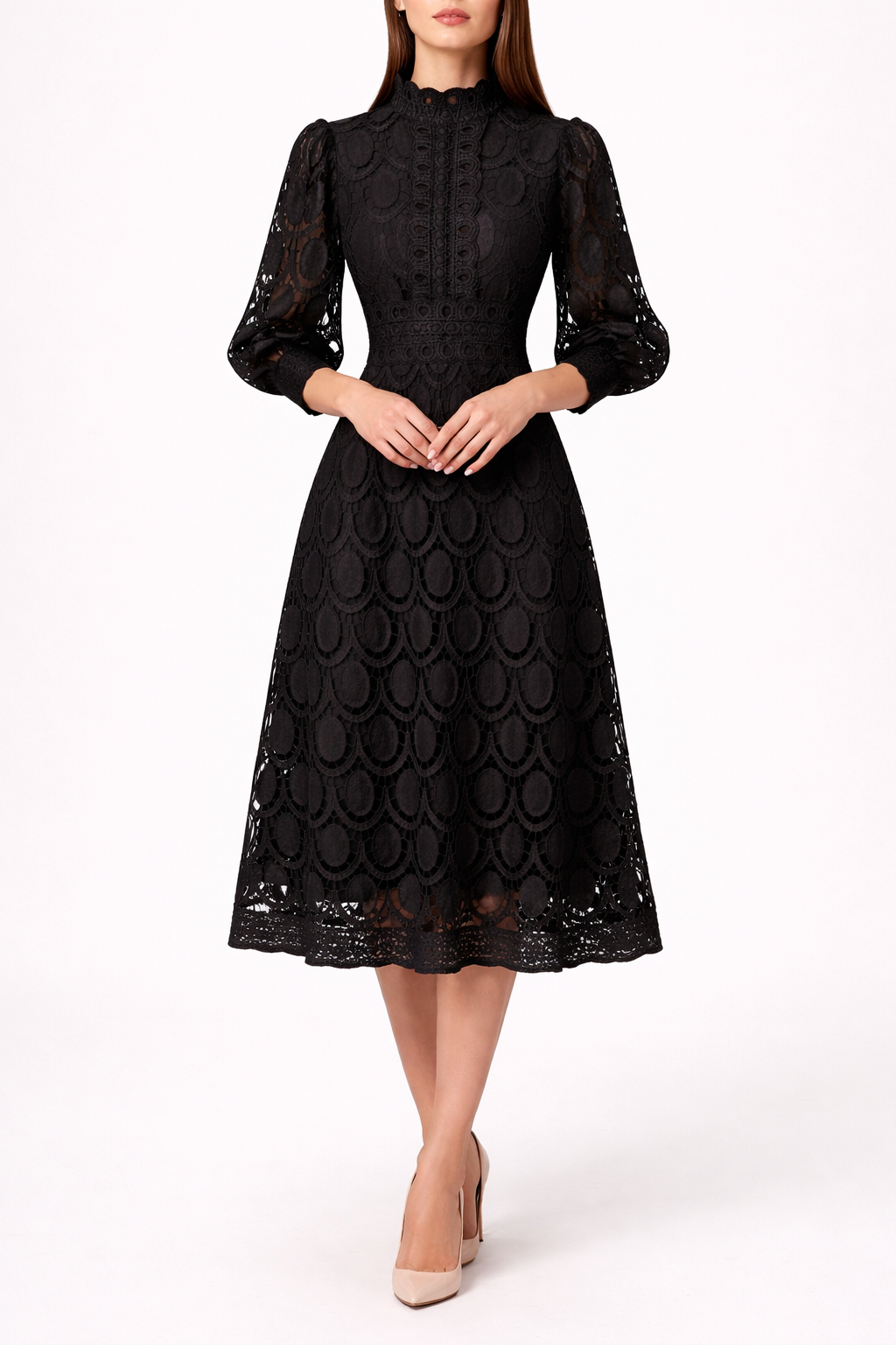 Women’s Lace Bodycon Midi Dress with Puff Sleeve