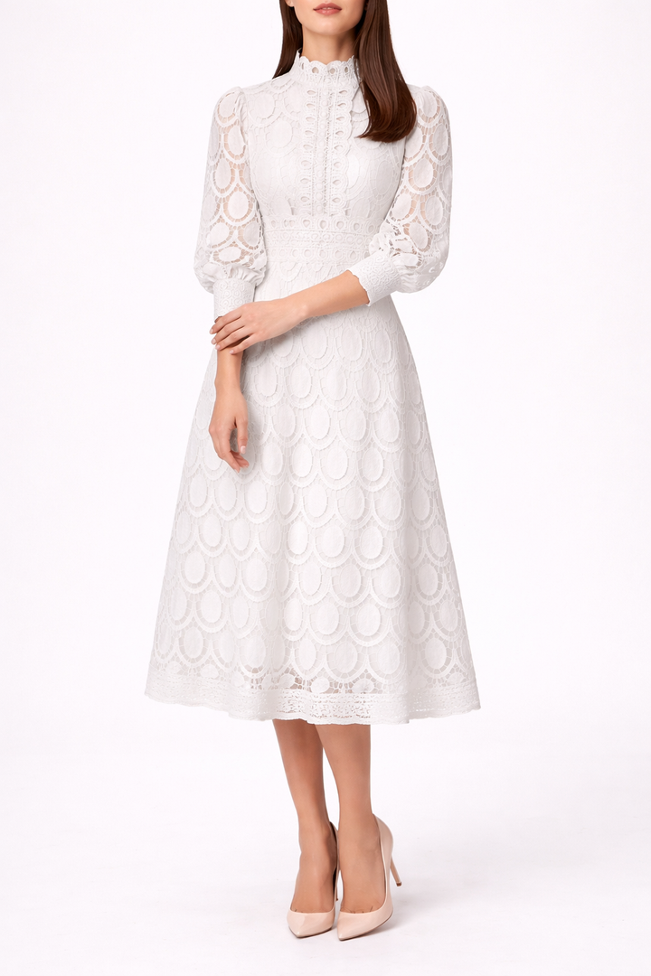 Women’s Lace Bodycon Midi Dress with Puff Sleeve