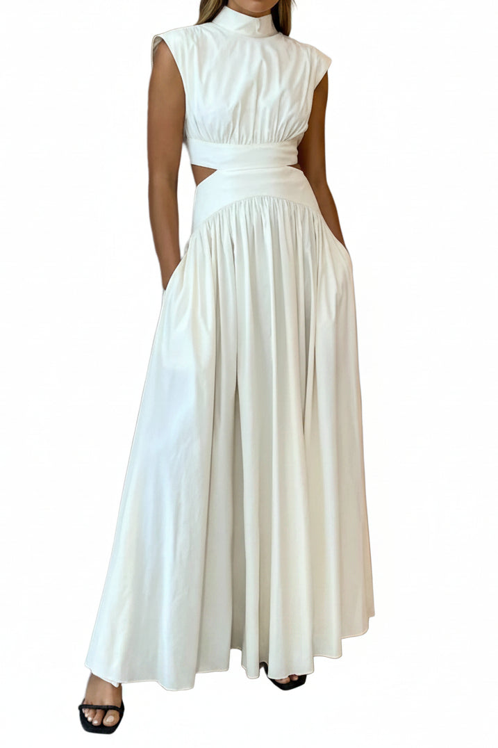 Women’s Mock Neck Cutout Waist Maxi Dress with Side Pockets