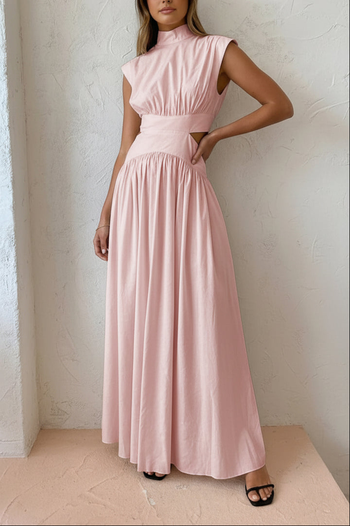 Women’s Mock Neck Cutout Waist Maxi Dress with Side Pockets