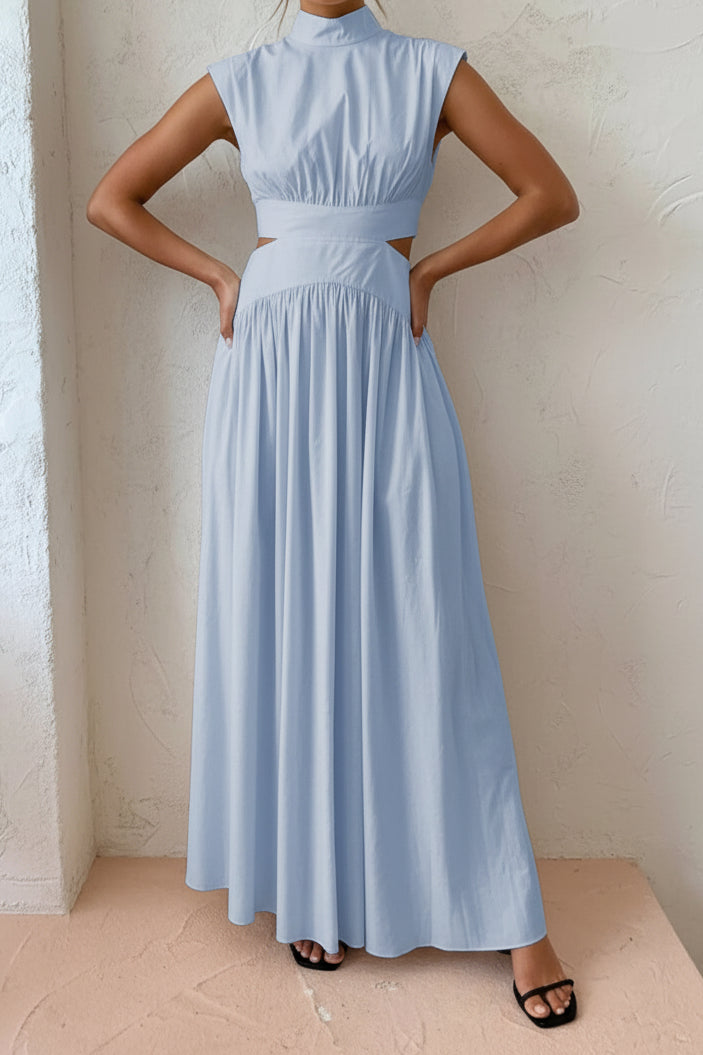 Women’s Mock Neck Cutout Waist Maxi Dress with Side Pockets