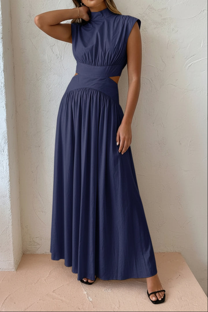 Women’s Mock Neck Cutout Waist Maxi Dress with Side Pockets