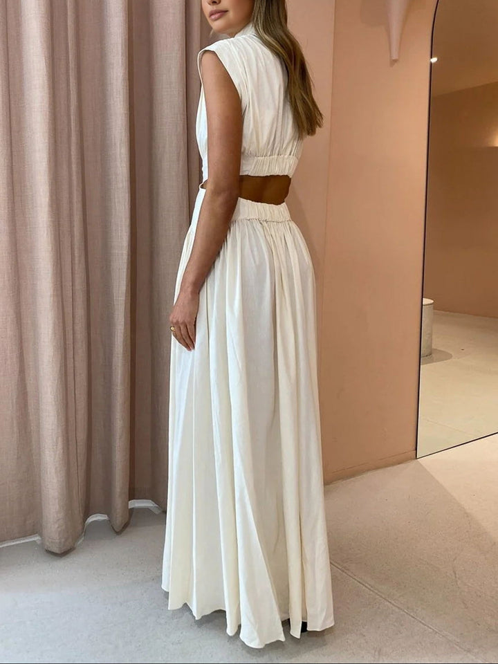 Women’s Mock Neck Cutout Waist Maxi Dress with Side Pockets