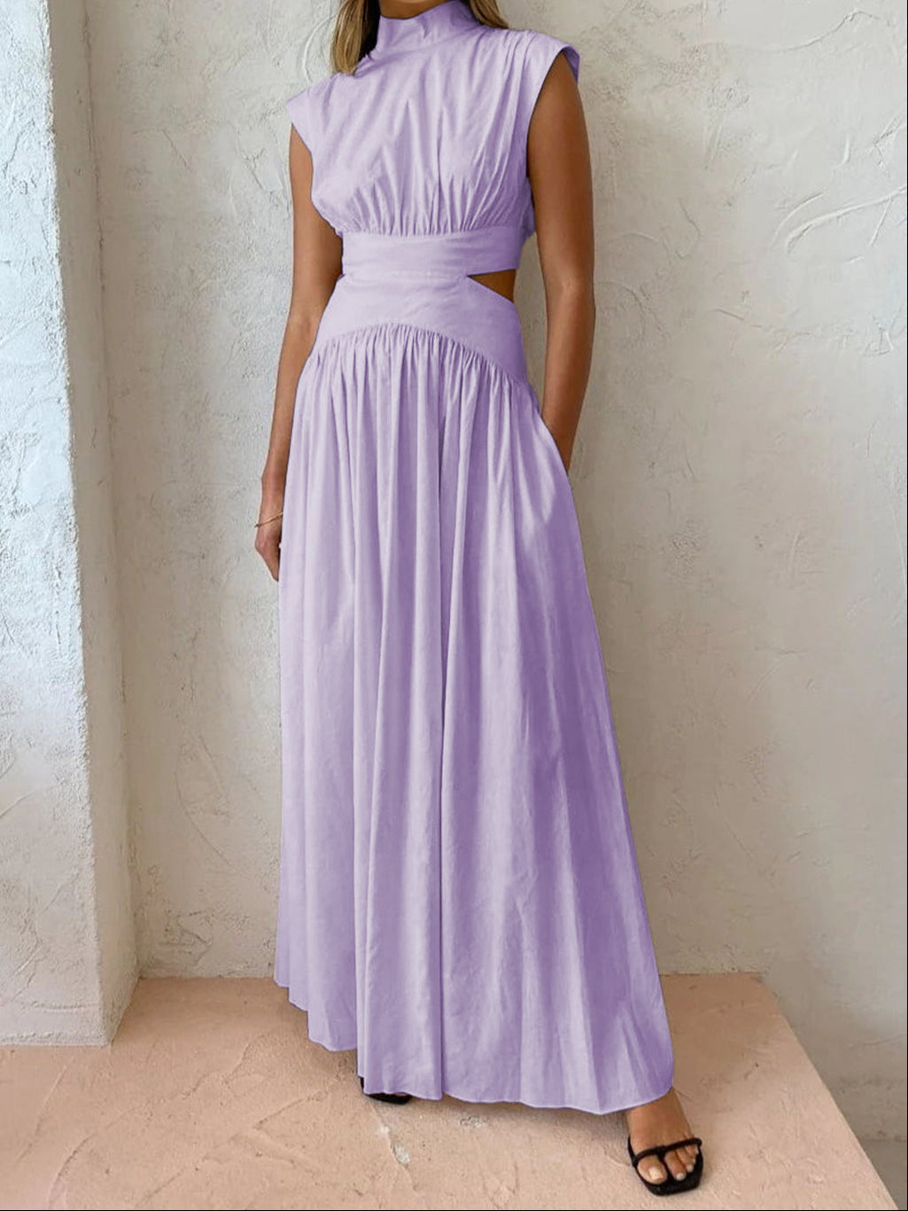 Women’s Mock Neck Cutout Waist Maxi Dress with Side Pockets