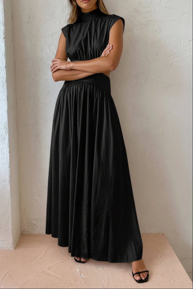 Women’s Mock Neck Cutout Waist Maxi Dress with Side Pockets