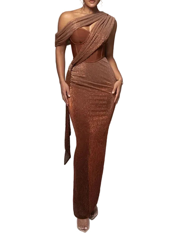 Women’s One Shoulder Ruched Maxi Dress Gown