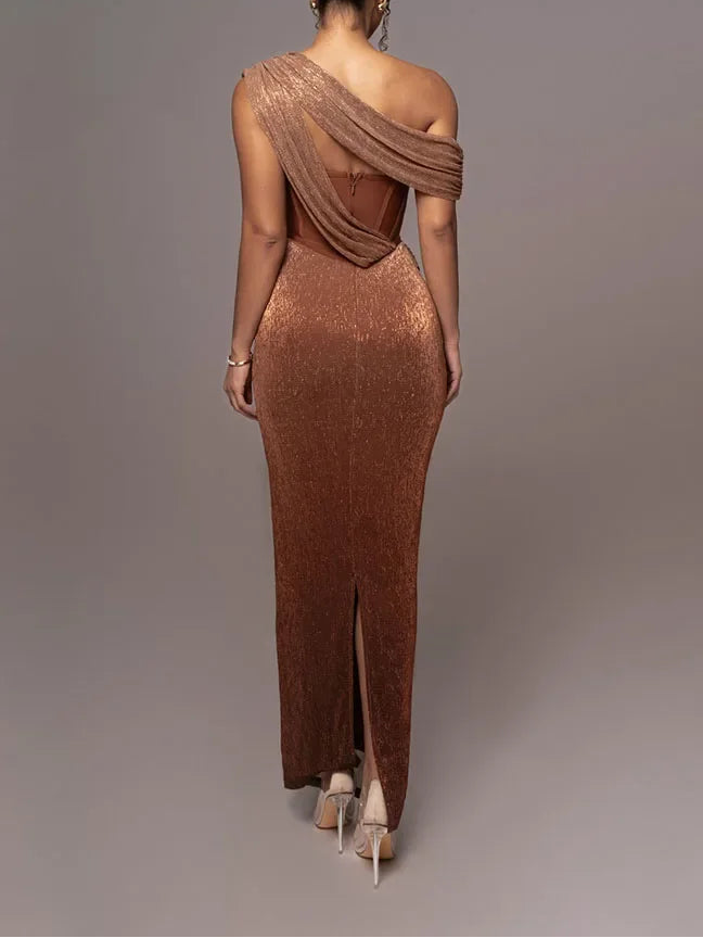 Women’s One Shoulder Ruched Maxi Dress Gown