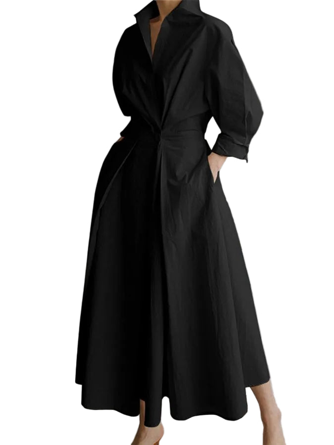 Women’s Polo Collar Long Sleeve A-Line Midi Dress With Button Waist