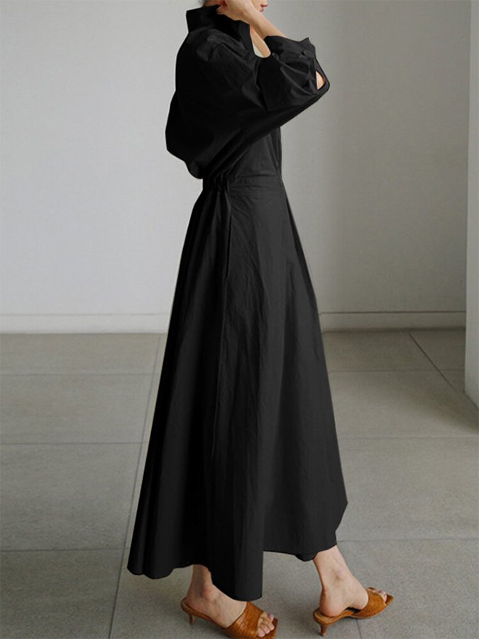 Women’s Polo Collar Long Sleeve A-Line Midi Dress With Button Waist