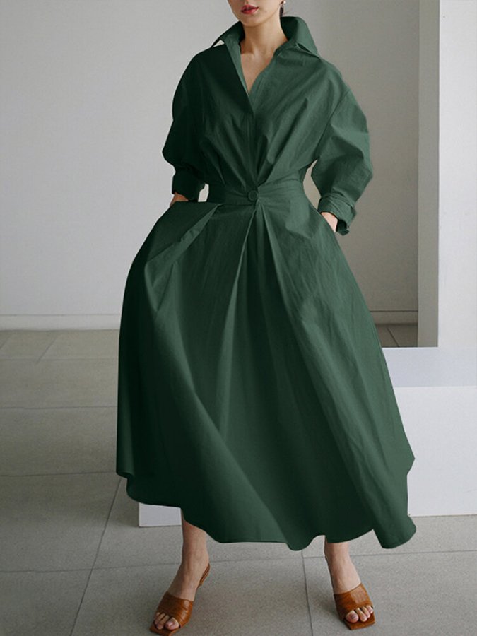 Women’s Polo Collar Long Sleeve A-Line Midi Dress With Button Waist