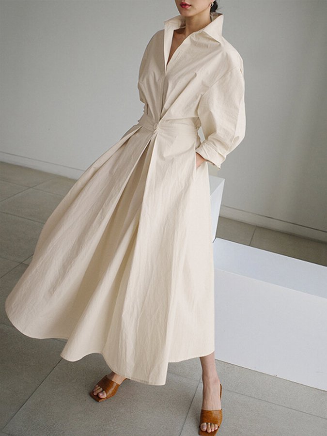 Women’s Polo Collar Long Sleeve A-Line Midi Dress With Button Waist