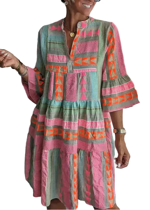 Women’s Printed Long Sleeve Mini Dress With Split Neck