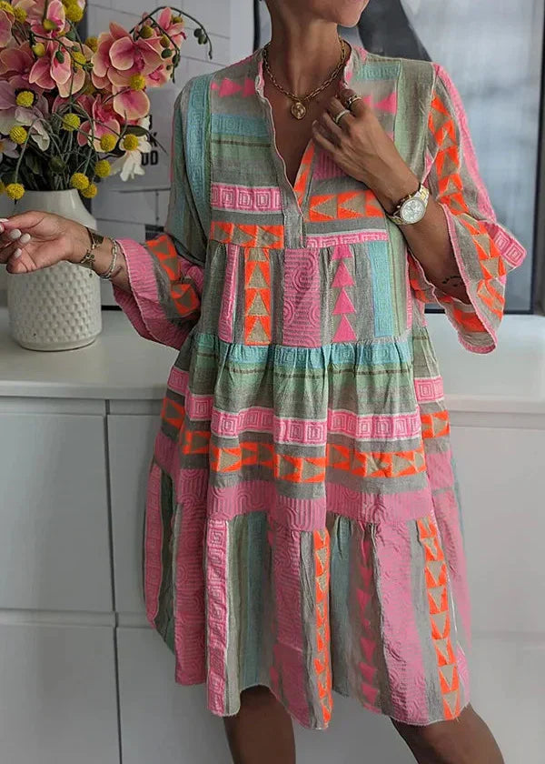 Women’s Printed Long Sleeve Mini Dress With Split Neck