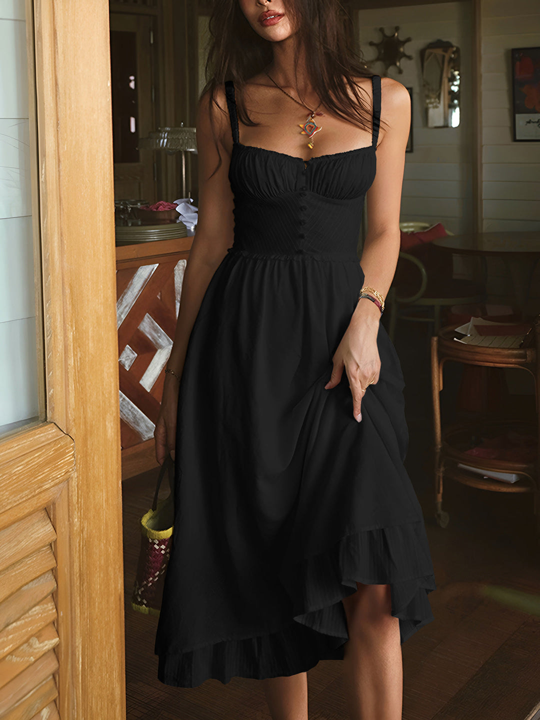 Women’s Ruffle Hem Sleeveless Midi Dress with Straps