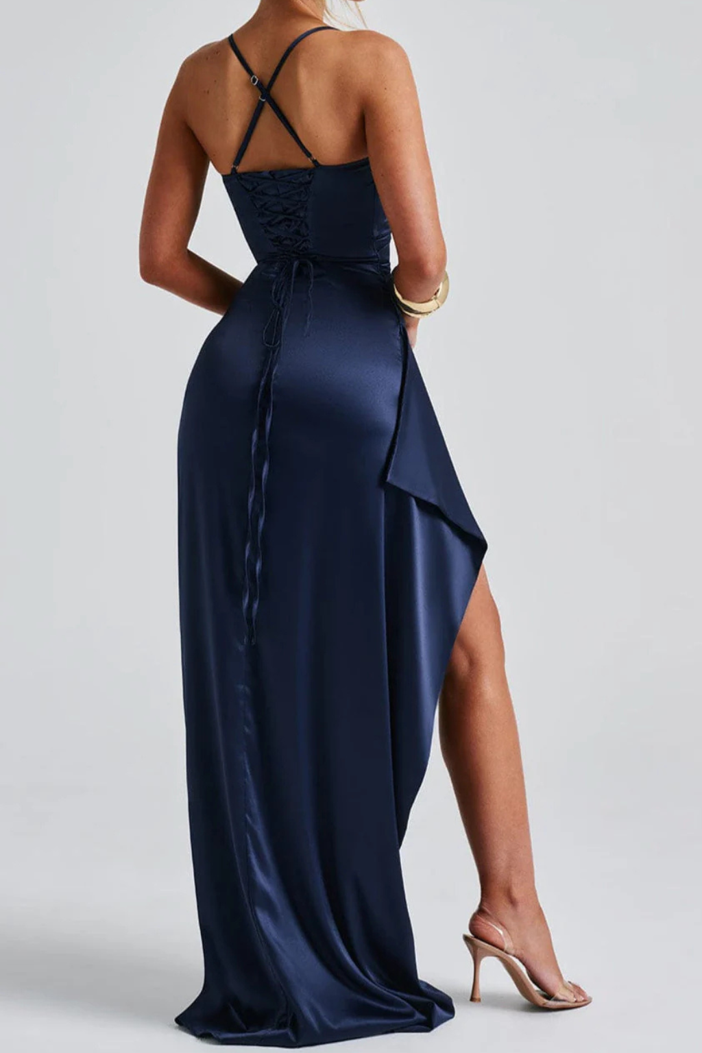 Women’s Satin Ruched High Slit Maxi Dress